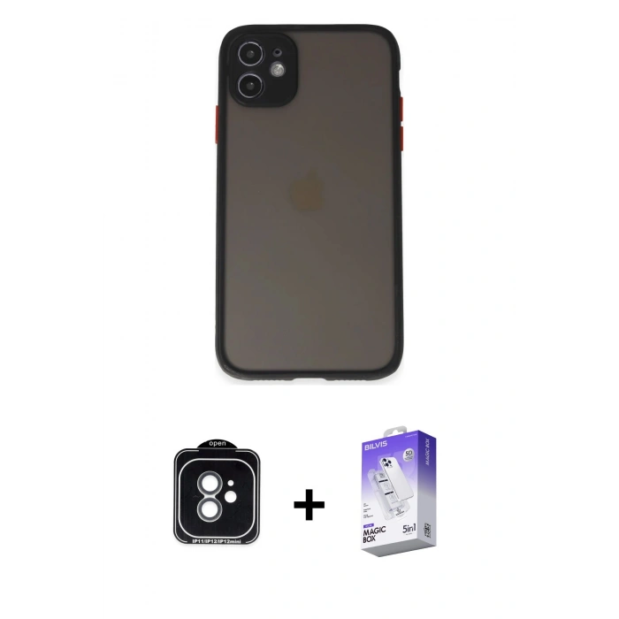 MARSİLYAN™- iPhone 11 Kılıf Ahenk Çizgi Serisi - Siyah Bilvis 5in1 3D Magic Cam Ekran Koruyucu + PVD Metal Kamera Lens - YL