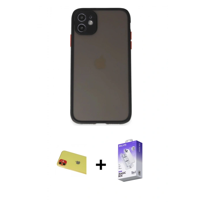 MARSİLYAN™- iPhone 11 Kılıf Ahenk Çizgi Serisi - Siyah Bilvis 5in1 3D Magic Cam Ekran Koruyucu + Rainbow Kamera Lens Koruma Cam - KI