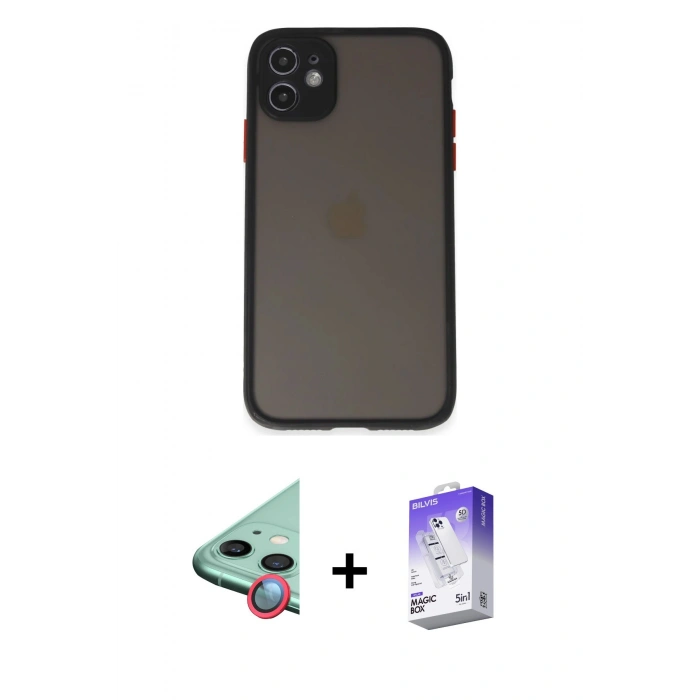 MARSİLYAN™- iPhone 11 Kılıf Ahenk Çizgi Serisi - Siyah Bilvis 5in1 3D Magic Cam Ekran Koruyucu + Raze Metal Kamera Lens - KI