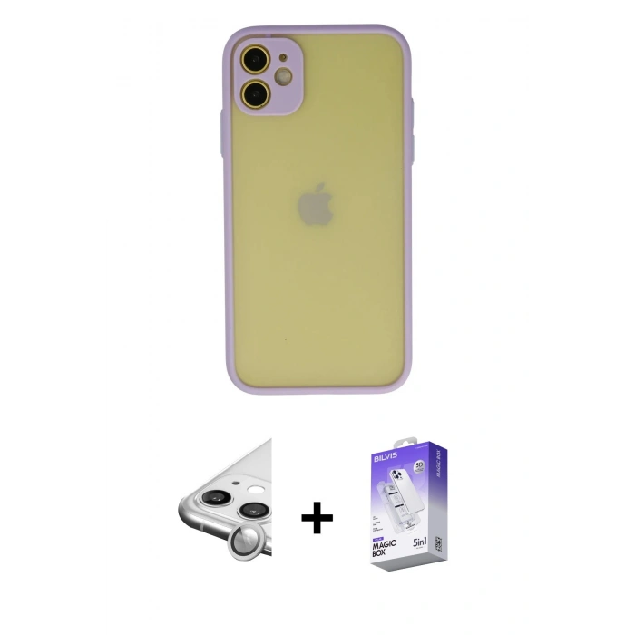 MARSİLYAN™- iPhone 11 Kılıf Ahenk Çizgi Serisi - Siyah Bilvis 5in1 3D Magic Cam Ekran Koruyucu + Raze Metal Kamera Lens - GS