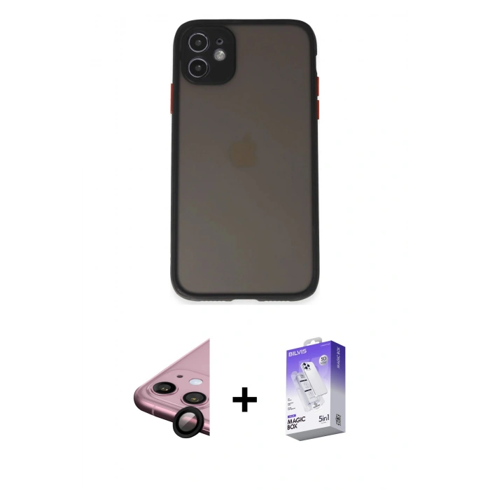 MARSİLYAN™- iPhone 11 Kılıf Ahenk Çizgi Serisi - Siyah Bilvis 5in1 3D Magic Cam Ekran Koruyucu + Raze Metal Kamera Lens - SH