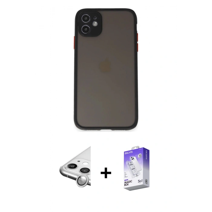 MARSİLYAN™- iPhone 11 Kılıf Ahenk Çizgi Serisi - Siyah Bilvis 5in1 3D Magic Cam Ekran Koruyucu + Raze Metal Kamera Lens - GS