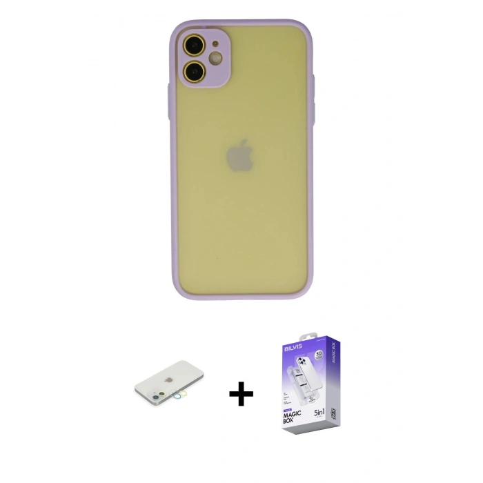 MARSİLYAN™- iPhone 11 Kılıf Ahenk Çizgi Serisi - Siyah Bilvis 5in1 3D Magic Cam Ekran Koruyucu + Renkli Kamera Lens Koruma Cam - SI