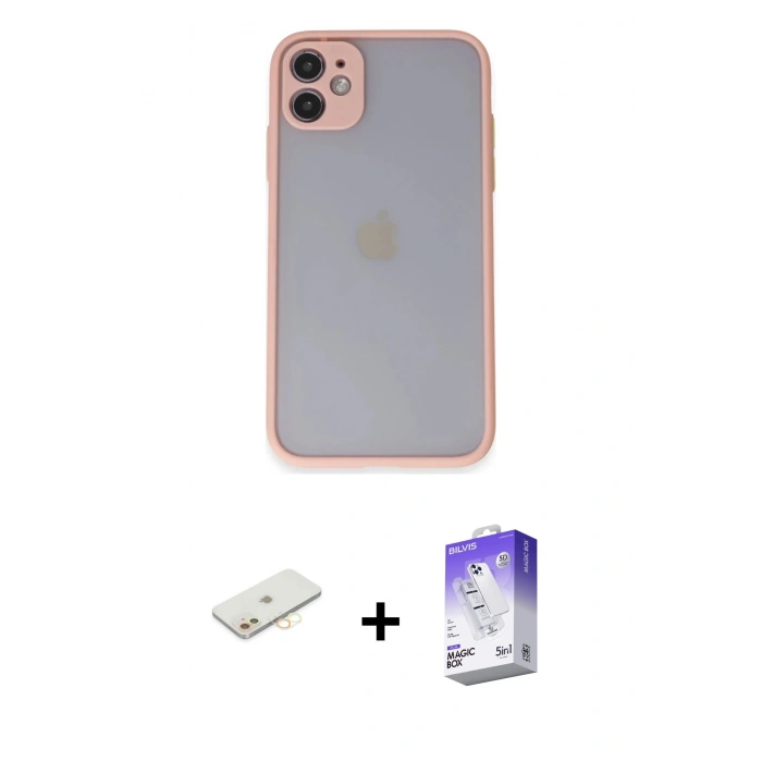 MARSİLYAN™- iPhone 11 Kılıf Ahenk Çizgi Serisi - Siyah Bilvis 5in1 3D Magic Cam Ekran Koruyucu + Sarı Renkli Kamera Lens Koruma Cam