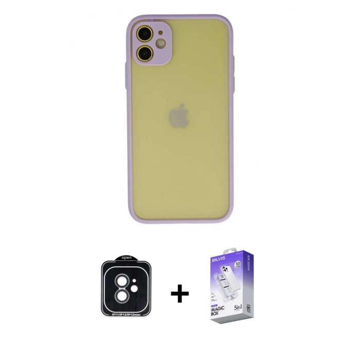 MARSİLYAN™- iPhone 11 Kılıf Ahenk Çizgi Serisi - Siyah Bilvis 5in1 3D Magic Cam Ekran Koruyucu + Siyah PVD Metal Kamera Lens