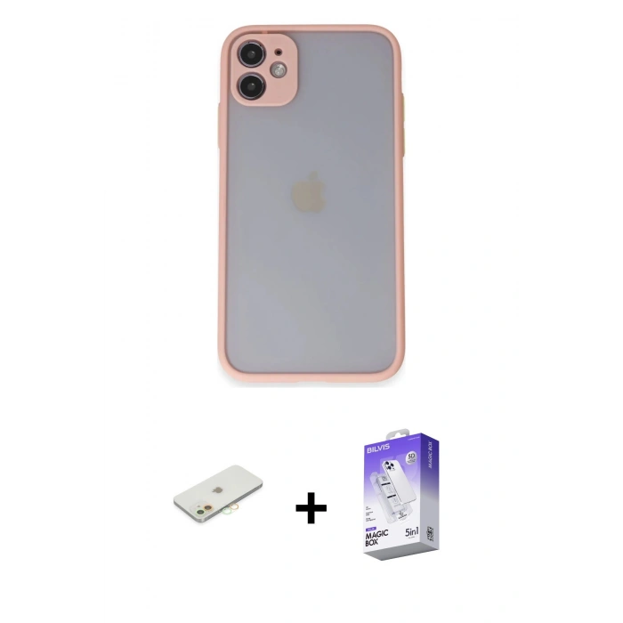 MARSİLYAN™- iPhone 11 Kılıf Ahenk Çizgi Serisi - Siyah Bilvis 5in1 3D Magic Cam Ekran Koruyucu + Turuncu Renkli Kamera Lens Koruma Cam