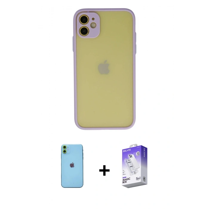 MARSİLYAN™- iPhone 11 Kılıf Ahenk Çizgi Serisi - Siyah Bilvis 5in1 3D Magic Cam Ekran Koruyucu + Yeşil Neon Fosforlu Kamera Lens