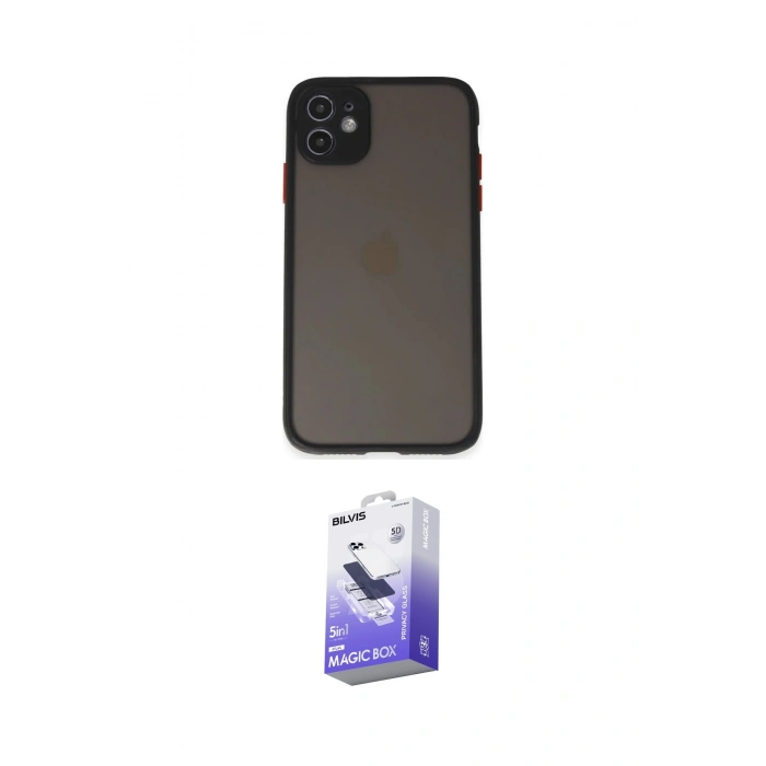 MARSİLYAN™- iPhone 11 Kılıf Ahenk Çizgi Serisi - Siyah Bilvis 5in1 5D Magic Hayalet Cam Ekran Koruyucu