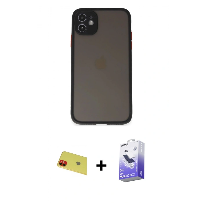 MARSİLYAN™- iPhone 11 Kılıf Ahenk Çizgi Serisi - Siyah Bilvis 5in1 5D Magic Hayalet Cam Ekran Koruyucu + Rainbow Kamera Lens Koruma Cam - KI