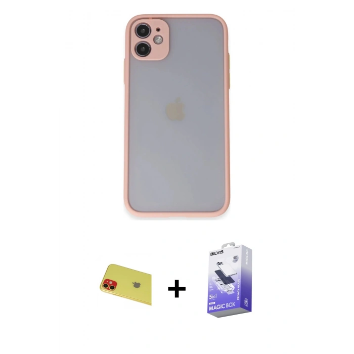 MARSİLYAN™- iPhone 11 Kılıf Ahenk Çizgi Serisi - Siyah Bilvis 5in1 5D Magic Hayalet Cam Ekran Koruyucu + Rainbow Kamera Lens Koruma Cam - KI