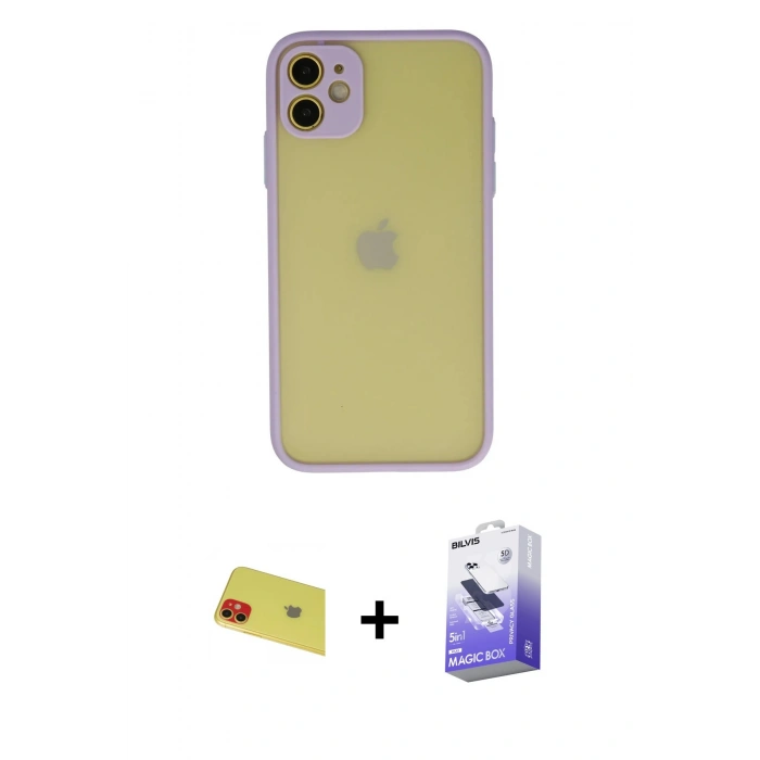 MARSİLYAN™- iPhone 11 Kılıf Ahenk Çizgi Serisi - Siyah Bilvis 5in1 5D Magic Hayalet Cam Ekran Koruyucu + Rainbow Kamera Lens Koruma Cam - KI