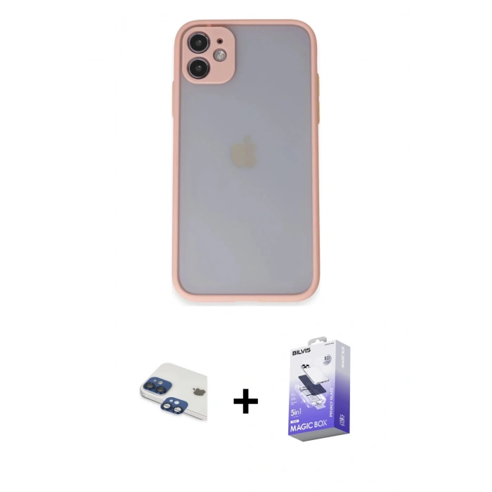 MARSİLYAN™- iPhone 11 Kılıf Ahenk Çizgi Serisi - Siyah Bilvis 5in1 5D Magic Hayalet Cam Ekran Koruyucu + Pers Alüminyum Kamera Lens - LT