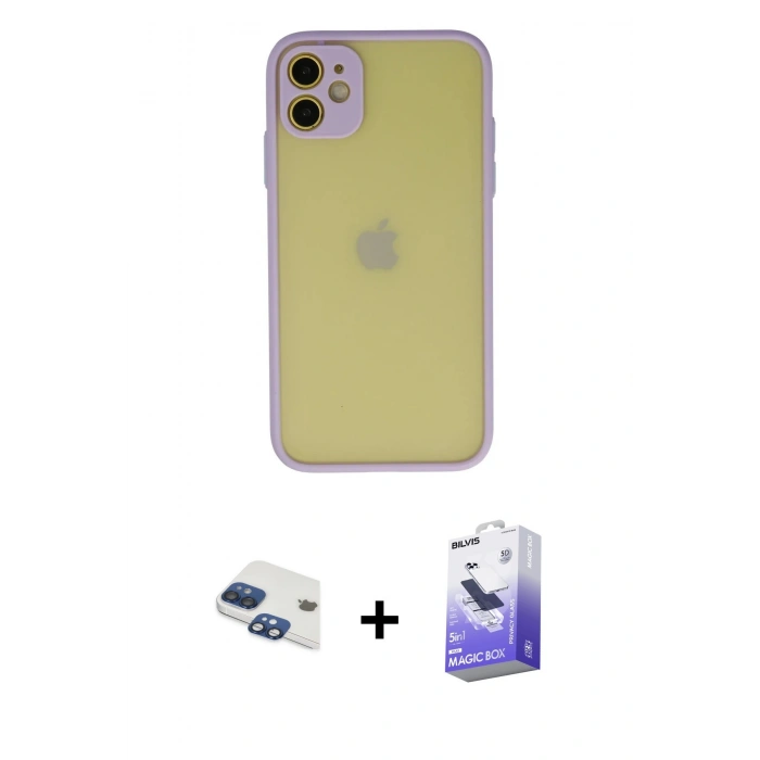 MARSİLYAN™- iPhone 11 Kılıf Ahenk Çizgi Serisi - Siyah Bilvis 5in1 5D Magic Hayalet Cam Ekran Koruyucu + Pers Alüminyum Kamera Lens - LT