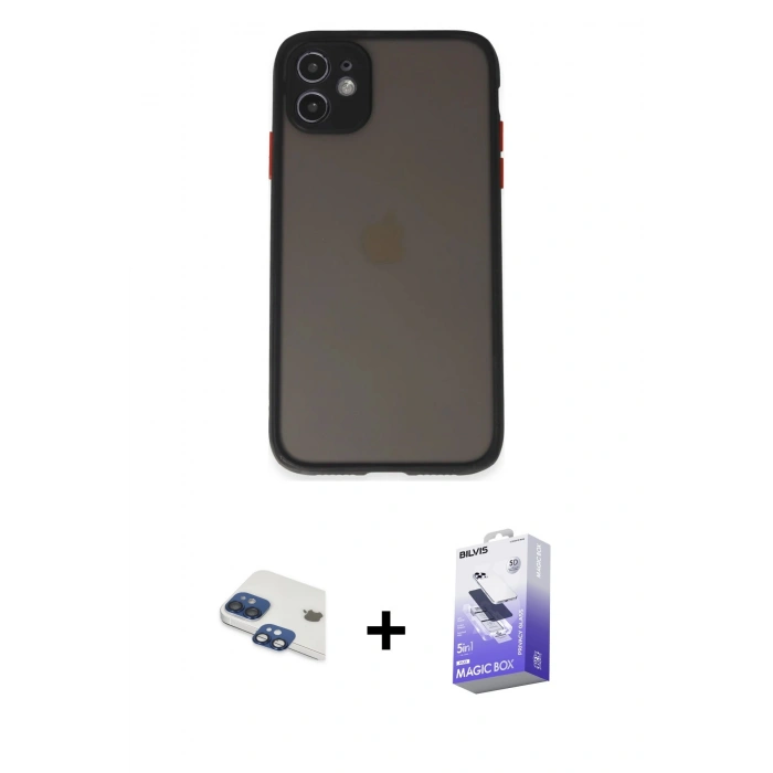 MARSİLYAN™- iPhone 11 Kılıf Ahenk Çizgi Serisi - Siyah Bilvis 5in1 5D Magic Hayalet Cam Ekran Koruyucu + Pers Alüminyum Kamera Lens - LT