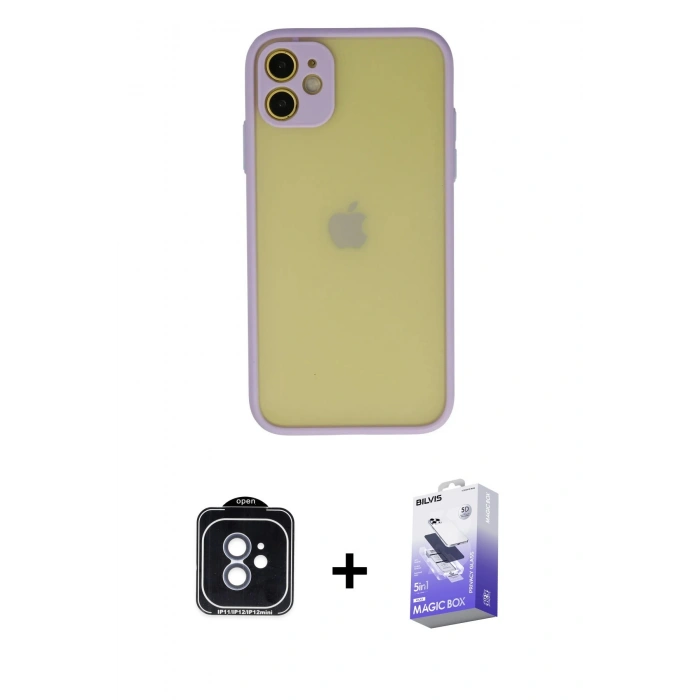 MARSİLYAN™- iPhone 11 Kılıf Ahenk Çizgi Serisi - Siyah Bilvis 5in1 5D Magic Hayalet Cam Ekran Koruyucu + PVD Metal Kamera Lens - MI