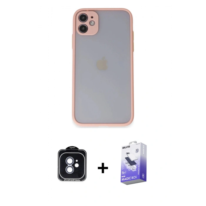 MARSİLYAN™- iPhone 11 Kılıf Ahenk Çizgi Serisi - Siyah Bilvis 5in1 5D Magic Hayalet Cam Ekran Koruyucu + PVD Metal Kamera Lens - MI