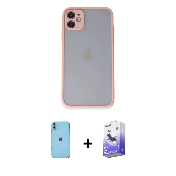 MARSİLYAN™- iPhone 11 Kılıf Ahenk Çizgi Serisi - Siyah Bilvis 5in1 5D Magic Hayalet Cam Ekran Koruyucu + Neon Fosforlu Kamera Lens - YL