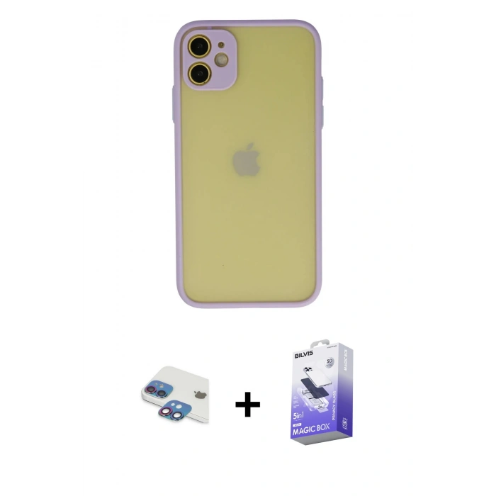 MARSİLYAN™- iPhone 11 Kılıf Ahenk Çizgi Serisi - Siyah Bilvis 5in1 5D Magic Hayalet Cam Ekran Koruyucu + Pers Alüminyum Kamera Lens - GI