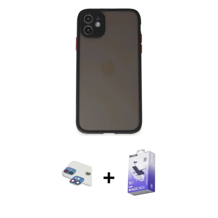 MARSİLYAN™- iPhone 11 Kılıf Ahenk Çizgi Serisi - Siyah Bilvis 5in1 5D Magic Hayalet Cam Ekran Koruyucu + Pers Alüminyum Kamera Lens - GI