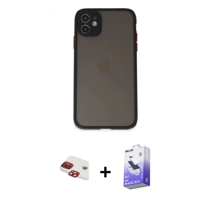MARSİLYAN™- iPhone 11 Kılıf Ahenk Çizgi Serisi - Siyah Bilvis 5in1 5D Magic Hayalet Cam Ekran Koruyucu + Pers Alüminyum Kamera Lens - KI