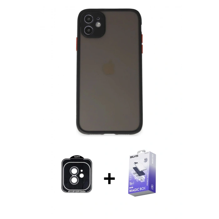 MARSİLYAN™- iPhone 11 Kılıf Ahenk Çizgi Serisi - Siyah Bilvis 5in1 5D Magic Hayalet Cam Ekran Koruyucu + PVD Metal Kamera Lens - SH