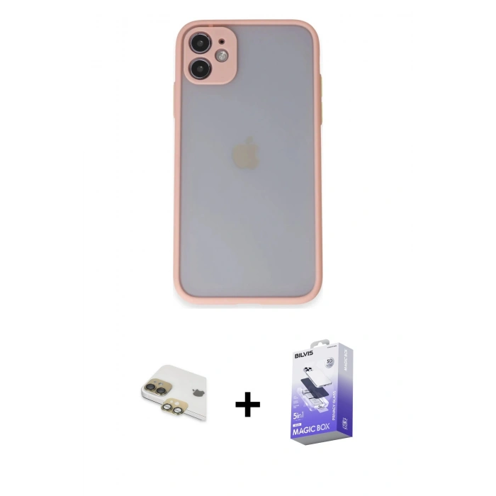 MARSİLYAN™- iPhone 11 Kılıf Ahenk Çizgi Serisi - Siyah Bilvis 5in1 5D Magic Hayalet Cam Ekran Koruyucu + Pers Alüminyum Kamera Lens - GD