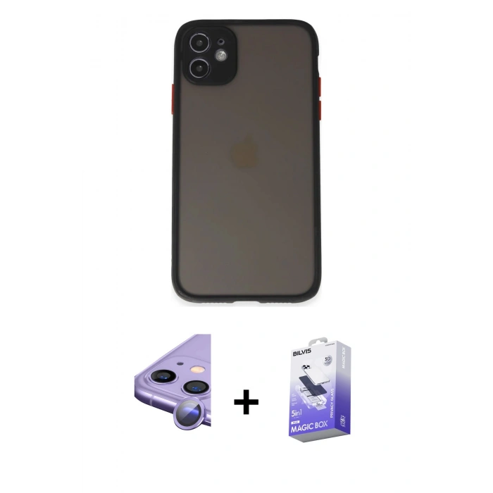 MARSİLYAN™- iPhone 11 Kılıf Ahenk Çizgi Serisi - Siyah Bilvis 5in1 5D Magic Hayalet Cam Ekran Koruyucu + Raze Metal Kamera Lens - MR