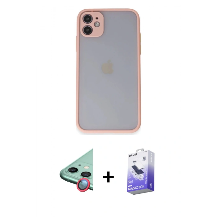 MARSİLYAN™- iPhone 11 Kılıf Ahenk Çizgi Serisi - Siyah Bilvis 5in1 5D Magic Hayalet Cam Ekran Koruyucu + Raze Metal Kamera Lens - KI