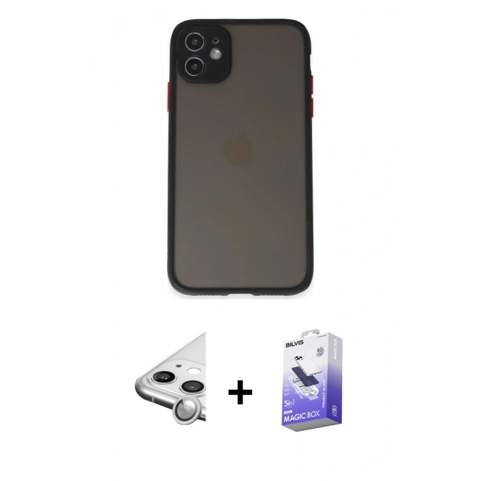 MARSİLYAN™- iPhone 11 Kılıf Ahenk Çizgi Serisi - Siyah Bilvis 5in1 5D Magic Hayalet Cam Ekran Koruyucu + Raze Metal Kamera Lens - GS