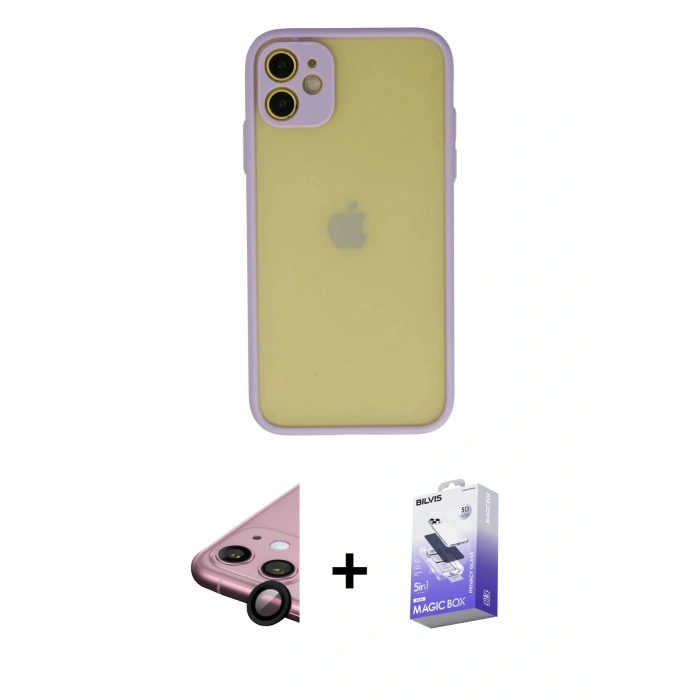 MARSİLYAN™- iPhone 11 Kılıf Ahenk Çizgi Serisi - Siyah Bilvis 5in1 5D Magic Hayalet Cam Ekran Koruyucu + Raze Metal Kamera Lens - SH