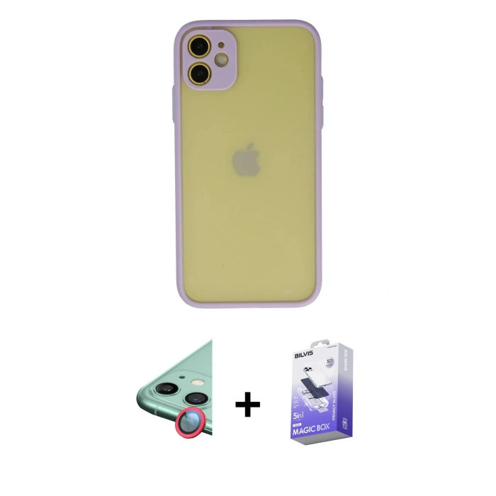 MARSİLYAN™- iPhone 11 Kılıf Ahenk Çizgi Serisi - Siyah Bilvis 5in1 5D Magic Hayalet Cam Ekran Koruyucu + Raze Metal Kamera Lens - KI