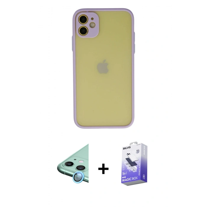 MARSİLYAN™- iPhone 11 Kılıf Ahenk Çizgi Serisi - Siyah Bilvis 5in1 5D Magic Hayalet Cam Ekran Koruyucu + Raze Metal Kamera Lens - MI