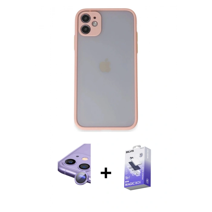 MARSİLYAN™- iPhone 11 Kılıf Ahenk Çizgi Serisi - Siyah Bilvis 5in1 5D Magic Hayalet Cam Ekran Koruyucu + Raze Metal Kamera Lens - MR
