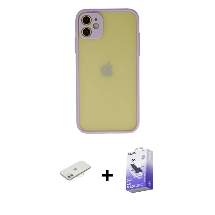 MARSİLYAN™- iPhone 11 Kılıf Ahenk Çizgi Serisi - Siyah Bilvis 5in1 5D Magic Hayalet Cam Ekran Koruyucu + Renkli Kamera Lens Koruma Cam - PE