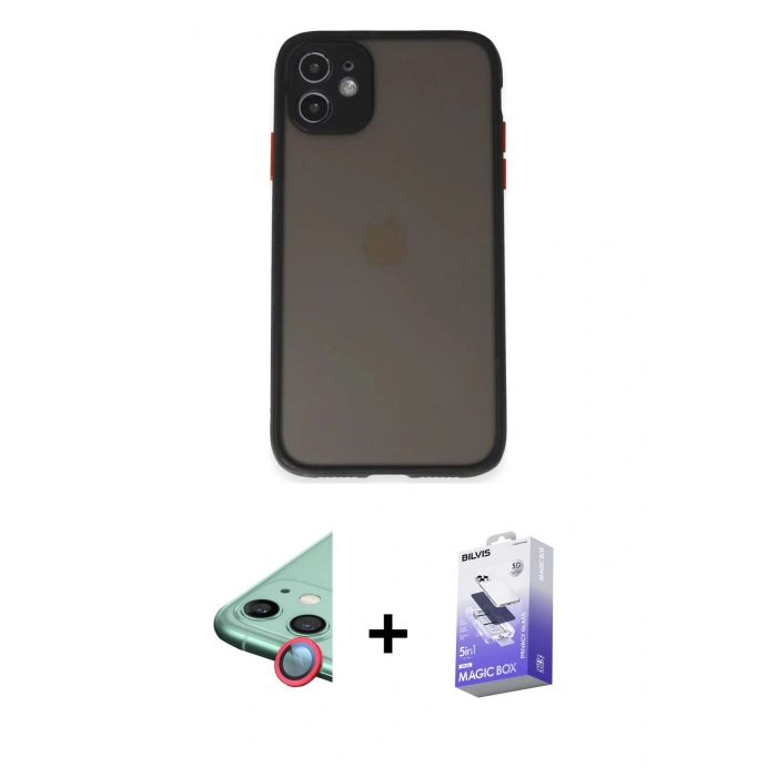 MARSİLYAN™- iPhone 11 Kılıf Ahenk Çizgi Serisi - Siyah Bilvis 5in1 5D Magic Hayalet Cam Ekran Koruyucu + Raze Metal Kamera Lens - KI
