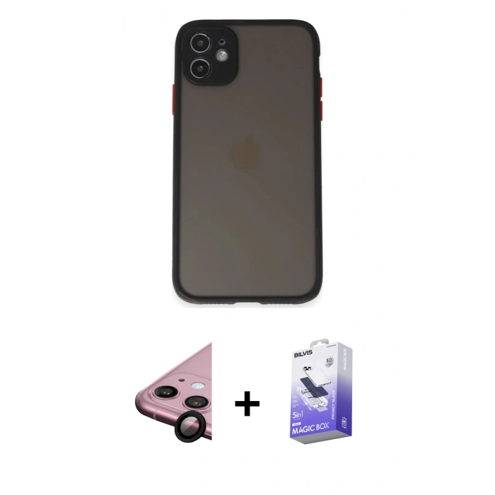 MARSİLYAN™- iPhone 11 Kılıf Ahenk Çizgi Serisi - Siyah Bilvis 5in1 5D Magic Hayalet Cam Ekran Koruyucu + Raze Metal Kamera Lens - SH