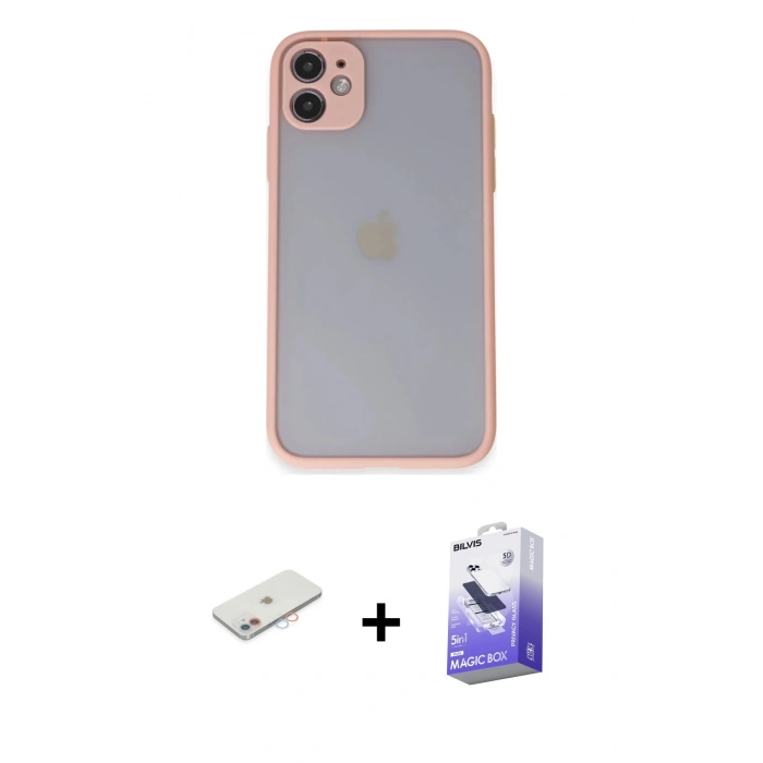 MARSİLYAN™- iPhone 11 Kılıf Ahenk Çizgi Serisi - Siyah Bilvis 5in1 5D Magic Hayalet Cam Ekran Koruyucu + Renkli Kamera Lens Koruma Cam - PE