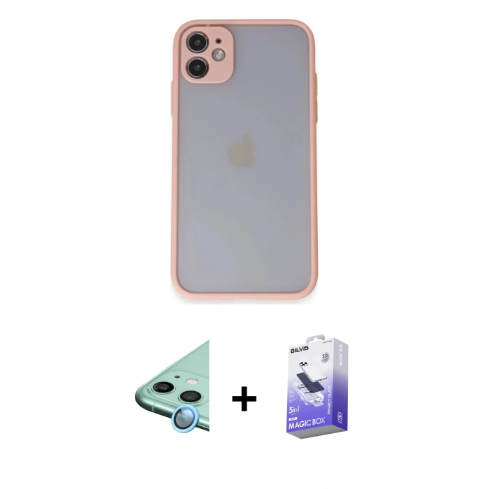 MARSİLYAN™- iPhone 11 Kılıf Ahenk Çizgi Serisi - Siyah Bilvis 5in1 5D Magic Hayalet Cam Ekran Koruyucu + Raze Metal Kamera Lens - MI