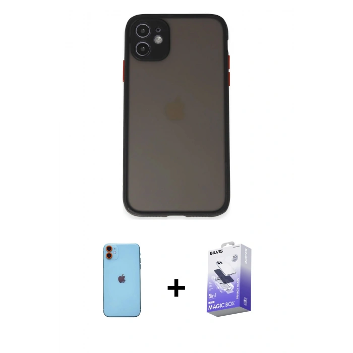 MARSİLYAN™- iPhone 11 Kılıf Ahenk Çizgi Serisi - Siyah Bilvis 5in1 5D Magic Hayalet Cam Ekran Koruyucu + Neon Fosforlu Kamera Lens - TU
