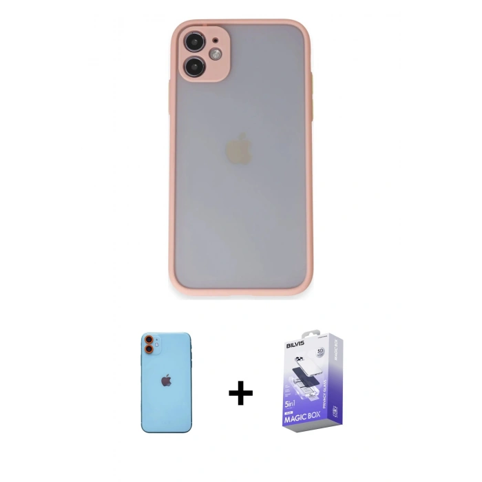 MARSİLYAN™- iPhone 11 Kılıf Ahenk Çizgi Serisi - Siyah Bilvis 5in1 5D Magic Hayalet Cam Ekran Koruyucu + Neon Fosforlu Kamera Lens - TU