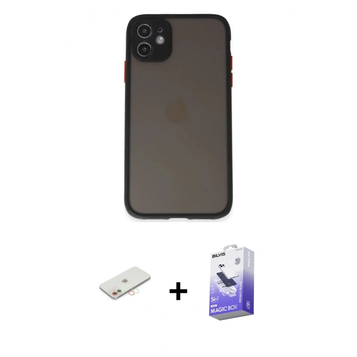 MARSİLYAN™- iPhone 11 Kılıf Ahenk Çizgi Serisi - Siyah Bilvis 5in1 5D Magic Hayalet Cam Ekran Koruyucu + Renkli Kamera Lens Koruma Cam - YL