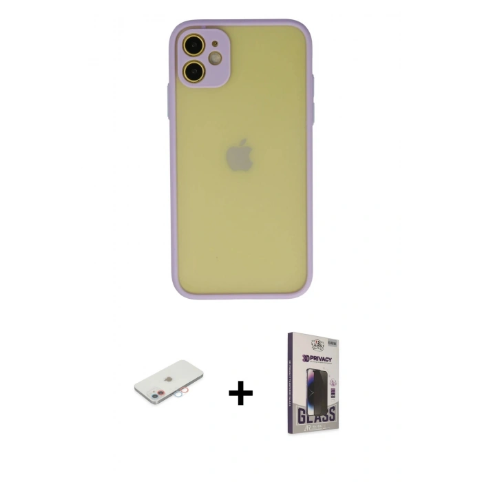 MARSİLYAN™- iPhone 11 Kılıf Ahenk Çizgi Serisi - Siyah Bilvis Hayalet Cam Ekran Koruyucu + Renkli Kamera Lens Koruma Cam - PE