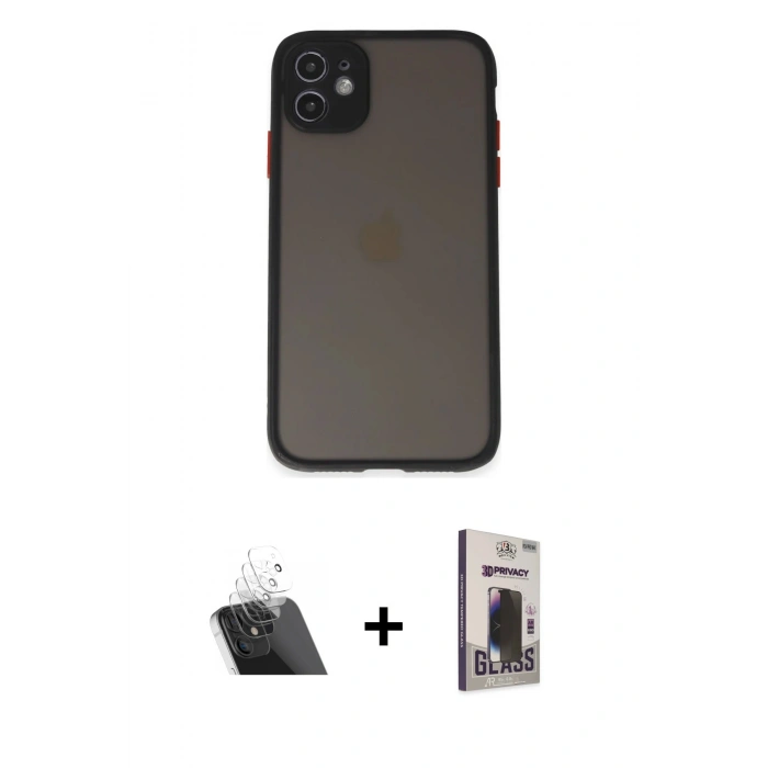 MARSİLYAN™- iPhone 11 Kılıf Ahenk Çizgi Serisi - Siyah Bilvis Hayalet Cam Ekran Koruyucu + Kamera Lens Koruma Cam - SF
