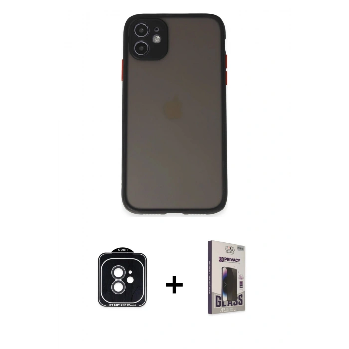MARSİLYAN™- iPhone 11 Kılıf Ahenk Çizgi Serisi - Siyah Bilvis Hayalet Cam Ekran Koruyucu + PVD Metal Kamera Lens - SH
