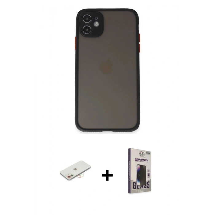MARSİLYAN™- iPhone 11 Kılıf Ahenk Çizgi Serisi - Siyah Bilvis Hayalet Cam Ekran Koruyucu + Renkli Kamera Lens Koruma Cam - YL