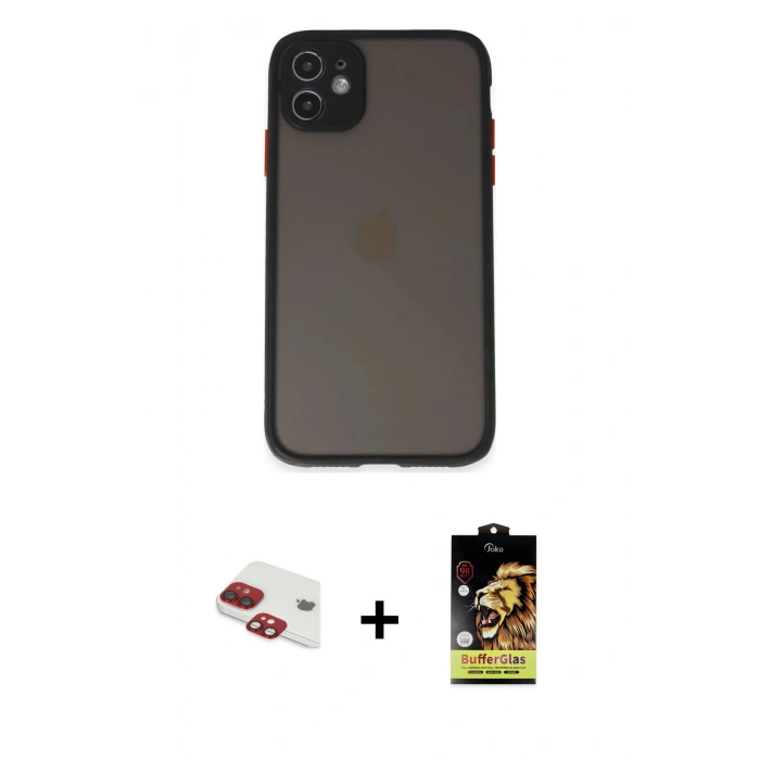 MARSİLYAN™- iPhone 11 Kılıf Ahenk Çizgi Serisi - Siyah Buffer Cam Ekran Koruyucu + Kırmızı Pers Alüminyum Kamera Lens