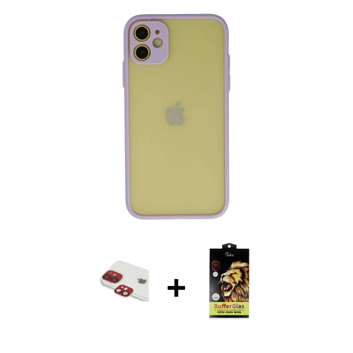 MARSİLYAN™- iPhone 11 Kılıf Ahenk Çizgi Serisi - Siyah Buffer Cam Ekran Koruyucu + Kırmızı Pers Alüminyum Kamera Lens