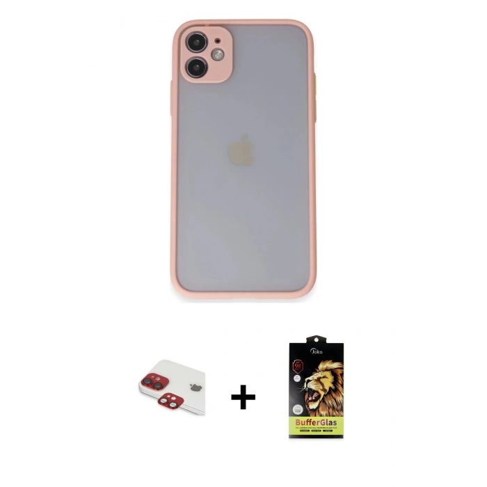 MARSİLYAN™- iPhone 11 Kılıf Ahenk Çizgi Serisi - Siyah Buffer Cam Ekran Koruyucu + Kırmızı Pers Alüminyum Kamera Lens