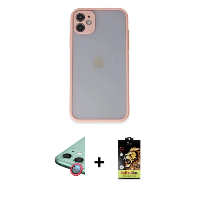 MARSİLYAN™- iPhone 11 Kılıf Ahenk Çizgi Serisi - Siyah Buffer Cam Ekran Koruyucu + Raze Metal Kamera Lens - KI