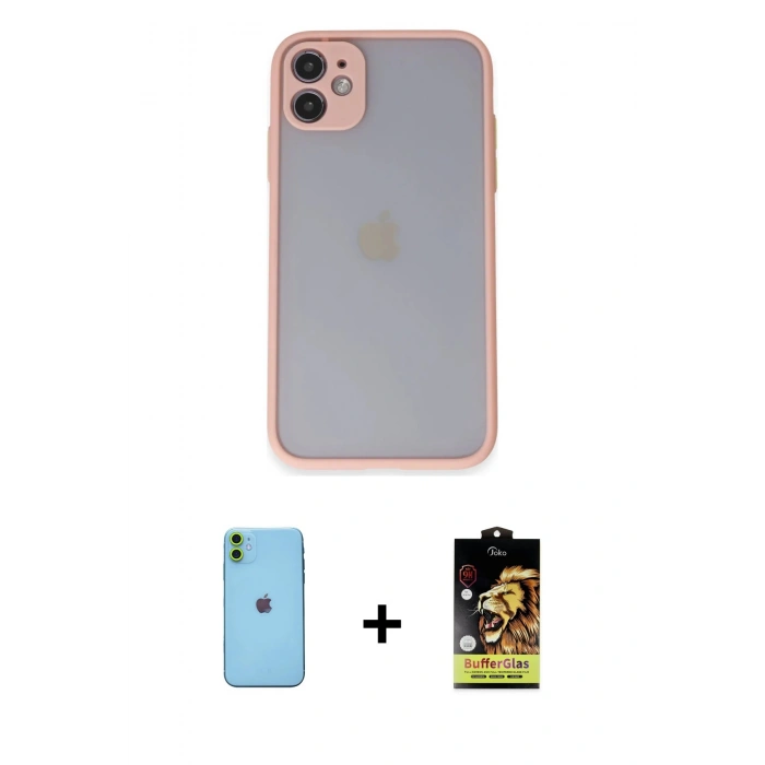 MARSİLYAN™- iPhone 11 Kılıf Ahenk Çizgi Serisi - Siyah Buffer Cam Ekran Koruyucu + Neon Fosforlu Kamera Lens - YL
